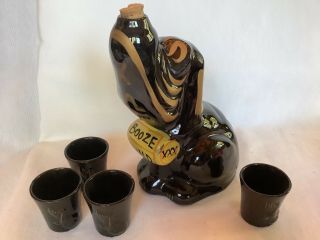 Vintage Victoria Ceramics Booze Hound Black Dog Decanter Set 4 Cups Shot Glasses