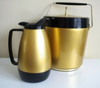 Vintage West Bend Thermo Serv Insulated Gold Black Set Ice Bucket Carafe Set Mcm