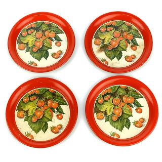 Vintage Drink Coasters Tin Metal Red With Strawberries Strawberry Set Of 4