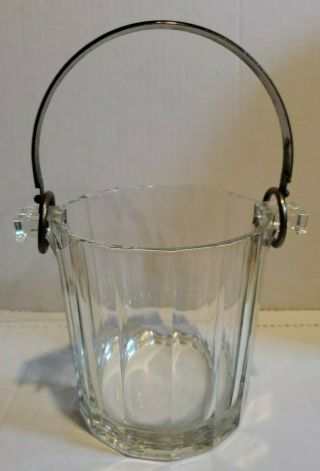 Vintage Crystal Cut Glass Ice Bucket Silver Handle Mid - Century Mcm Art Deco