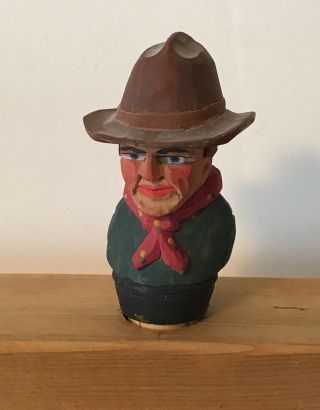 Vtg 1950s Hand Carved Wood Cowboy Head Bottle Stopper