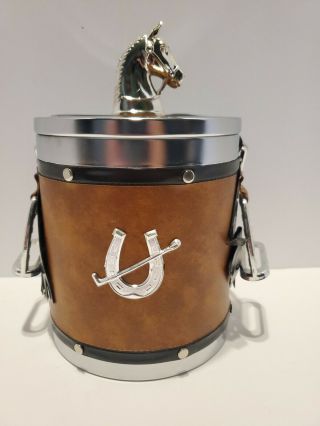 Vintage Ice Bucket Equestrian Horse Saddle Faux Leather Chrome Bar In Org Box