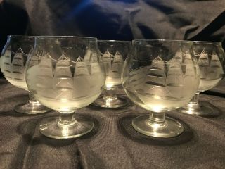 Toscany Set Of 5 Etched Crystal Brandy Snifter Glasses Clipper Ship Nautical