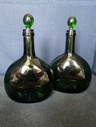 Set Of Two Mid Century Green Glass Decanter Wine Crafe Vintage B19
