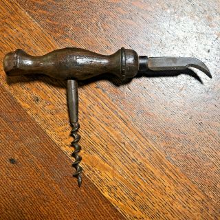 Antique Mahogany T Handle Corkscrew With Serrated Knife