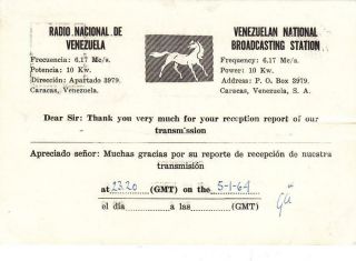 1964 Qsl: Radio Nacional De Venezuela,  Caracas,  Venezuela