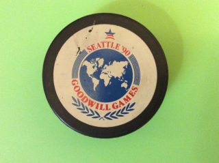 1990 Goodwill Games Official Hockey Puck Seattle In Glas Co.  Made In Canada