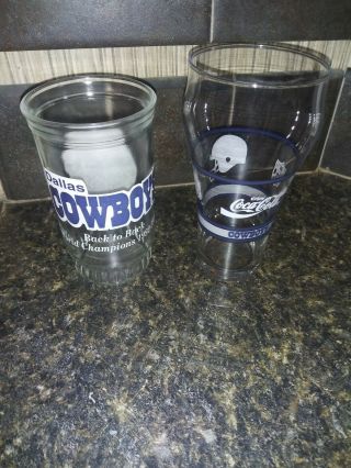 2 - Dallas Cowboys Nfl Vintage Drinking Glass Jelly Jar 92 - 93 & Coca - Cola