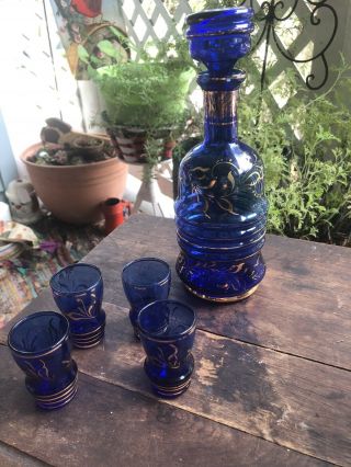Vintage Cobalt Blue Decanter And Set Of Shot Glasses