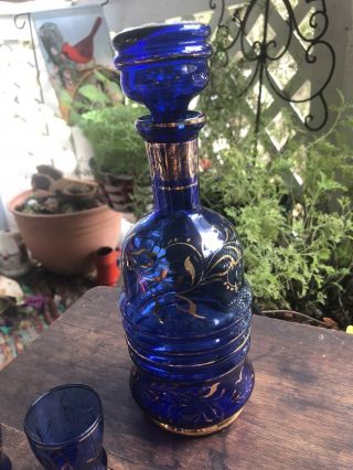 Vintage Cobalt Blue Decanter And Set Of Shot Glasses 2