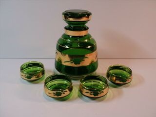 Vintage Cordial Or Sake Set.  Green Glass With Gold Band.  Decanter & 4 Glasses