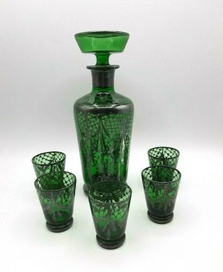 Vintage Set Green Glass With Silver Overlay Decanter 5 Glasses
