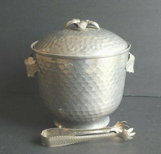 Vintage Ice Bucket Hammered Aluminum With Tongs Decorative Top & Handles Euc