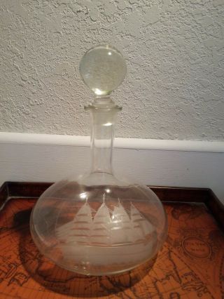 Clear Glass Decanter With Stopper,  Ship Etched On Decanter 12 " Tall