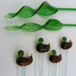 Set Of 6 Vintage Glass Swizzle Sticks 4 Mallard Duck Decoy 2 Swirl Green Leaves