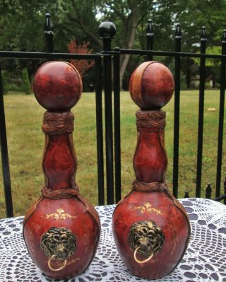 Vintage Leather Wrapped Wine Bottle Decanter Pair Brass Lions Head W Ring Decal