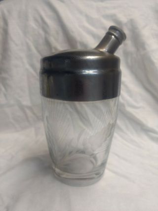 Vintage Cocktail Shaker Etched Glass With Chrome Top