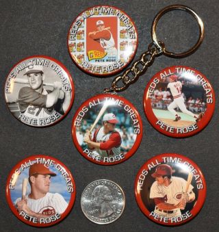 Set Of 6 - 5 Pinback Buttons And Key Chain 1 1/2 " Pete Rose Reds Expos Phillies