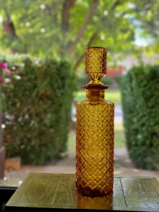 Vintage Mid Century Modern Diamond Point Hobnail Glass Decanter Gold Amber
