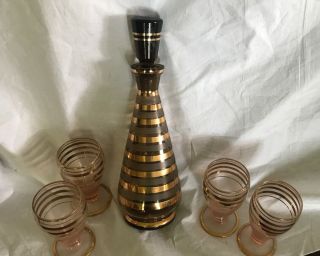 Mid Century Glass Decanter Bar Set With 4 Glasses Bohemia Gold And Amber