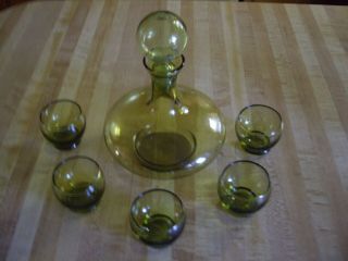 Vintage Hand Blown Glss Decanter With Stopper And 5 Glasses Light Green Sake?