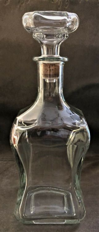 Vintage Decanter Curved Glass Liquor Whiskey Bottle With Cork Stopper 10”