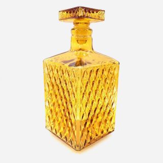 Vintage Amber Cut Glass Diamond Pattern Decanter Liquor Bottle 7 Inch Tall