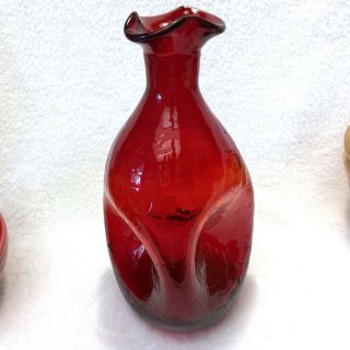 Vintage Blenko Pinched Crackle Glass Decanter In Ruby Red No Stopper