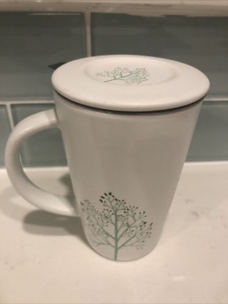 Davids Tea Mug White With Green Tree & Leaves With Lid & Infuser