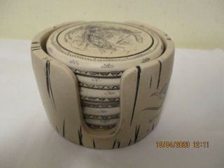 Vintage Comoy ' s Of London Scrimshaw Style Set of Nautical Coasters With Holder 2