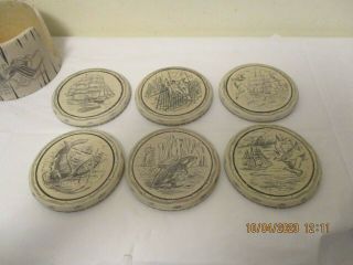 Vintage Comoy ' s Of London Scrimshaw Style Set of Nautical Coasters With Holder 3