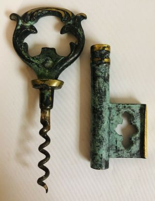 Antique Vintage Bronze Key Hidden Corkscrew Wine Bottle Opener 5.  5”Long 2
