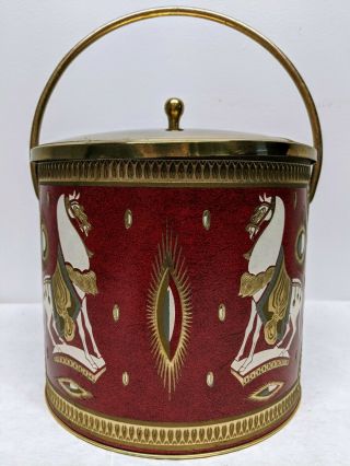 Vintage Mid Century Modern Fred Press Ice Bucket Barware Rare Red & Gold
