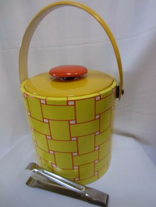 Vintage Yellow & Orange Color Block Ice Bucket W/ Tongs Mod Retro Mid - Century