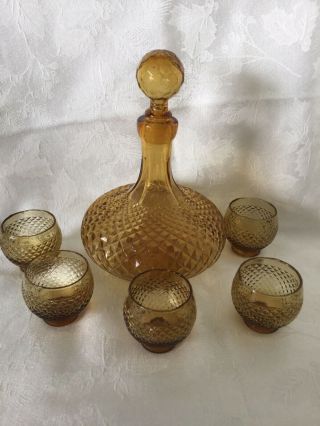 Decanter Set Amber Diamond Cut Tag Italy Decanter And Fivesmall Glasses