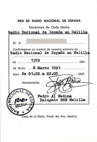 1991 Qsl: Radio Nacional De España En Melilla,  Spanish Exclave In Morocco