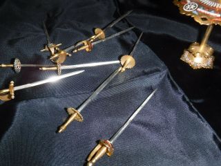 Tc273 Vintage Brass Toledo Spain Sword Cocktail Appetizer 10 Picks With Stand 3