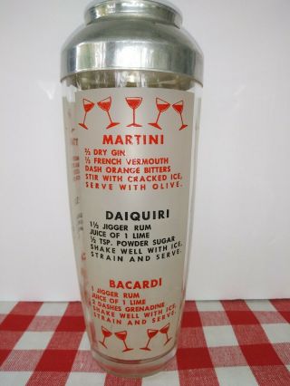 Vintage Mid - Century Glass Cocktail Shaker/drink Mixer Barware With Nine Recipes