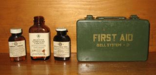 Vintage Bell Telephone System First Aid Kit D & Bottles Of Medicine
