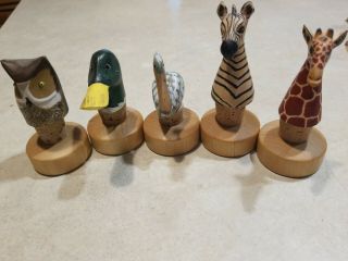 5 Carved Wood Animal Wine Bottle Stopper Cork Owl Duck Pelican Zebra Giraffe,  1