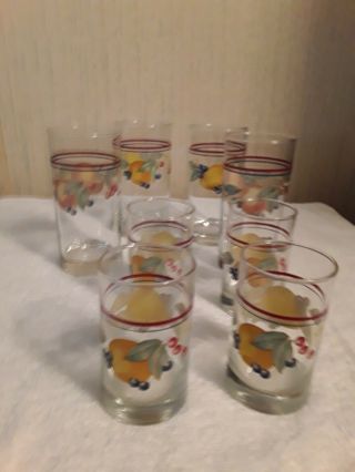 Set Of 8 Vintage Drinking Glasses With Fruit Accents 4 - 16 Oz And 4 - 6 Oz.