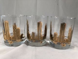 3 Vintage Marshall Field’s Gold Chicago Skyline Whiskey Tumblers Glasses 12 Oz.