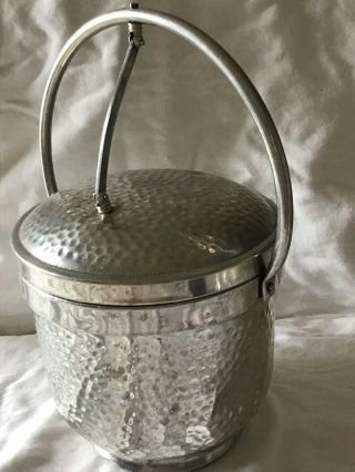 Vintage Nasco Aluminum Ice Bucket Made In Italy Hammered Attached Lid 50s Retro