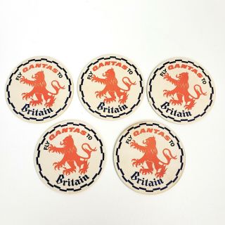 Set Of 5 Vintage Quantas Airlines Drink Coasters Fly To Britain British Lion
