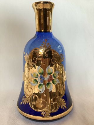 Vintage Hand Painted Cobalt Blue Gold Small Bohemian Glass Decanter No Stopper