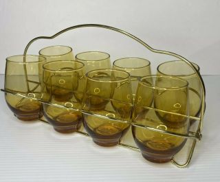 Libbey Tempo Amber Glass Set Caddy Vintage Mcm Bar Cocktail