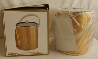 Vintage Culver Brushed Gold Ice Bucket With 2 Piece Tool Utensils 829 - 087 Nib