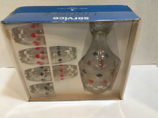 Vintage Glass Playing Card Suits Decanter & 6 Shot Glasses Set Barware W/box