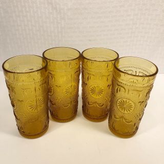 4 Textured Amber Drinking Glasses Mid Century Modern Raised Starburst 10 Oz