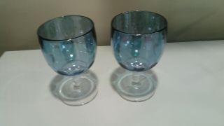 2 - Blue Irridescent Carnival Glass Goblets Bartlett Collins Thumbprint Dot.